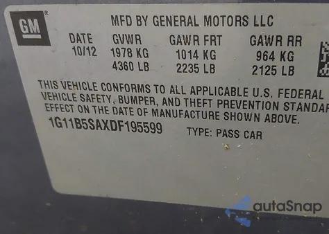 2013 Chevrolet Malibu 1Ls z USA, uszkodzony, nr VIN 1G11B5SAXDF195599